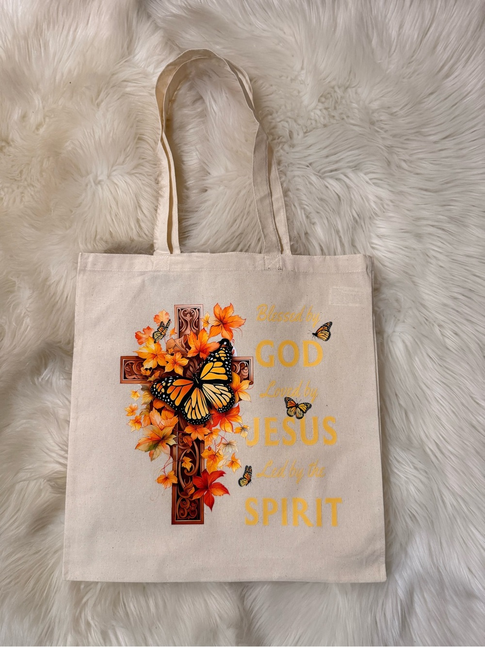 Beige Canvas Tote with Autumn Cross & Monarch Butterfly Design